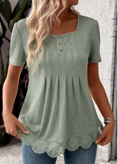 Lace Sage Green Short Sleeve Square Neck T Shirt