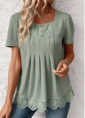 Lace Sage Green Short Sleeve Square Neck T Shirt