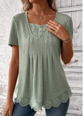 Lace Sage Green Short Sleeve Square Neck T Shirt