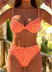 Ditsy Floral Print Smocked Coral Bikini Set