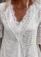 Patchwork White Half Sleeve V Neck Blouse