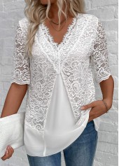 Patchwork White Half Sleeve V Neck Blouse
