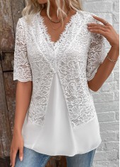 Patchwork White Half Sleeve V Neck Blouse