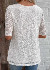 Patchwork White Half Sleeve V Neck Blouse