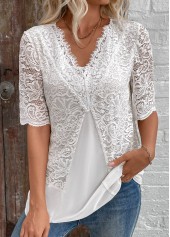 Patchwork White Half Sleeve V Neck Blouse