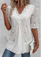 Patchwork White Half Sleeve V Neck Blouse
