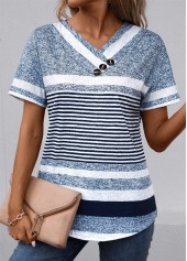 Striped Button Navy Short Sleeve V Neck T Shirt