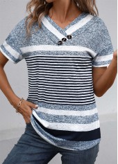 Striped Button Navy Short Sleeve V Neck T Shirt