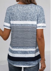 Striped Button Navy Short Sleeve V Neck T Shirt