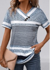 Striped Button Navy Short Sleeve V Neck T Shirt