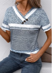 Striped Button Navy Short Sleeve V Neck T Shirt