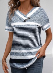 Striped Button Navy Short Sleeve V Neck T Shirt