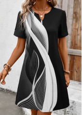 Geometric Print Button White Short Sleeve Split Neck Dress