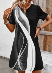 Geometric Print Button White Short Sleeve Split Neck Dress