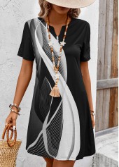 Geometric Print Button White Short Sleeve Split Neck Dress