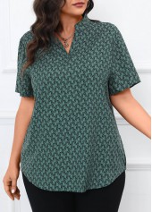 Geometric Print Split Turquoise Short Sleeve Blouse