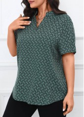 Geometric Print Split Turquoise Short Sleeve Blouse