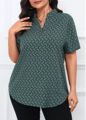 Geometric Print Split Turquoise Short Sleeve Blouse