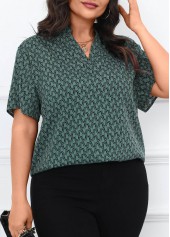 Geometric Print Split Turquoise Short Sleeve Blouse