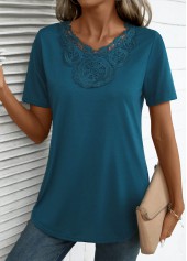 Embroidery Peacock Blue Short Sleeve V Neck T Shirt