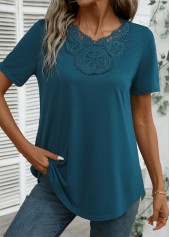 Embroidery Peacock Blue Short Sleeve V Neck T Shirt