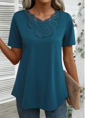 Embroidery Peacock Blue Short Sleeve V Neck T Shirt