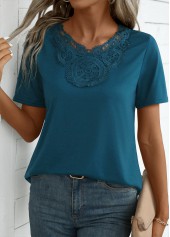 Embroidery Peacock Blue Short Sleeve V Neck T Shirt