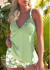 Floral Print Frill Light Green Tankini Set