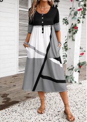 Geometric Print Button Dark Grey Half Sleeve Dress