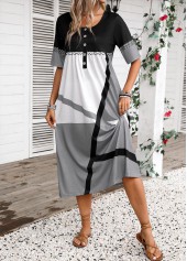 Geometric Print Button Dark Grey Half Sleeve Dress