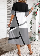 Geometric Print Button Dark Grey Half Sleeve Dress