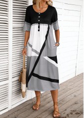 Geometric Print Button Dark Grey Half Sleeve Dress