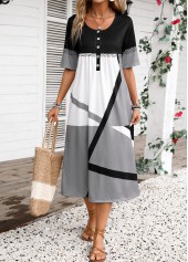 Geometric Print Button Dark Grey Half Sleeve Dress