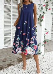 Floral Print Breathable Navy A Line Sleeveless Dress