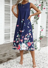 Floral Print Breathable Navy A Line Sleeveless Dress