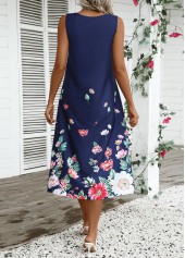 Floral Print Breathable Navy A Line Sleeveless Dress