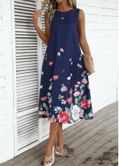 Floral Print Breathable Navy A Line Sleeveless Dress