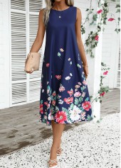 Floral Print Breathable Navy A Line Sleeveless Dress