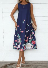 Floral Print Breathable Navy A Line Sleeveless Dress