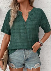 Plaid Button Blackish Green Short Sleeve Split Neck Blouse