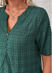 Plaid Button Blackish Green Short Sleeve Split Neck Blouse