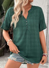 Plaid Button Blackish Green Short Sleeve Split Neck Blouse