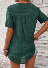 Plaid Button Blackish Green Short Sleeve Split Neck Blouse