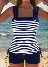 Striped Drawstring Patchwork Navy Tankini Set