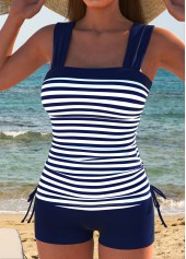 Striped Drawstring Patchwork Navy Tankini Set