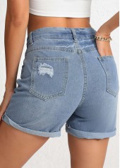 Denim Blue Regular Button High Waisted Shorts