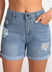 Denim Blue Regular Button High Waisted Shorts