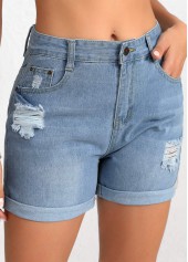 Denim Blue Regular Button High Waisted Shorts