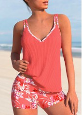 Floral Print Contrast Binding Coral Tankini Set