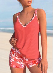 Floral Print Contrast Binding Coral Tankini Set